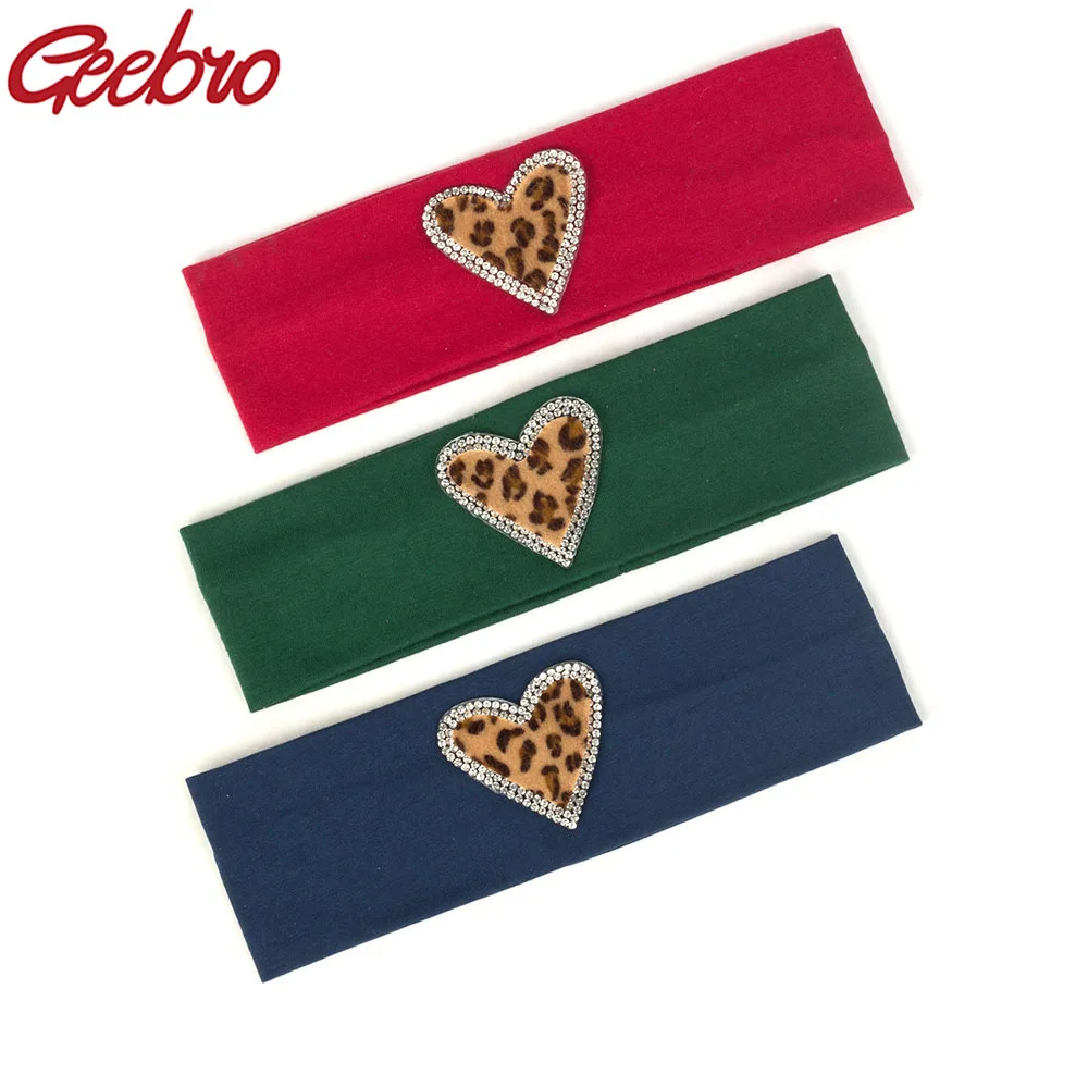 Geebro Children's Cute Cotton Soft Headband Girl Leopard Pattern Heart Rhinestones Flat Hairband Stretch Headwear Hair Accessory custom pattern keychain for women rectangular hollow out heart metal pendant key chain punk customized jewelry anniversary gifts