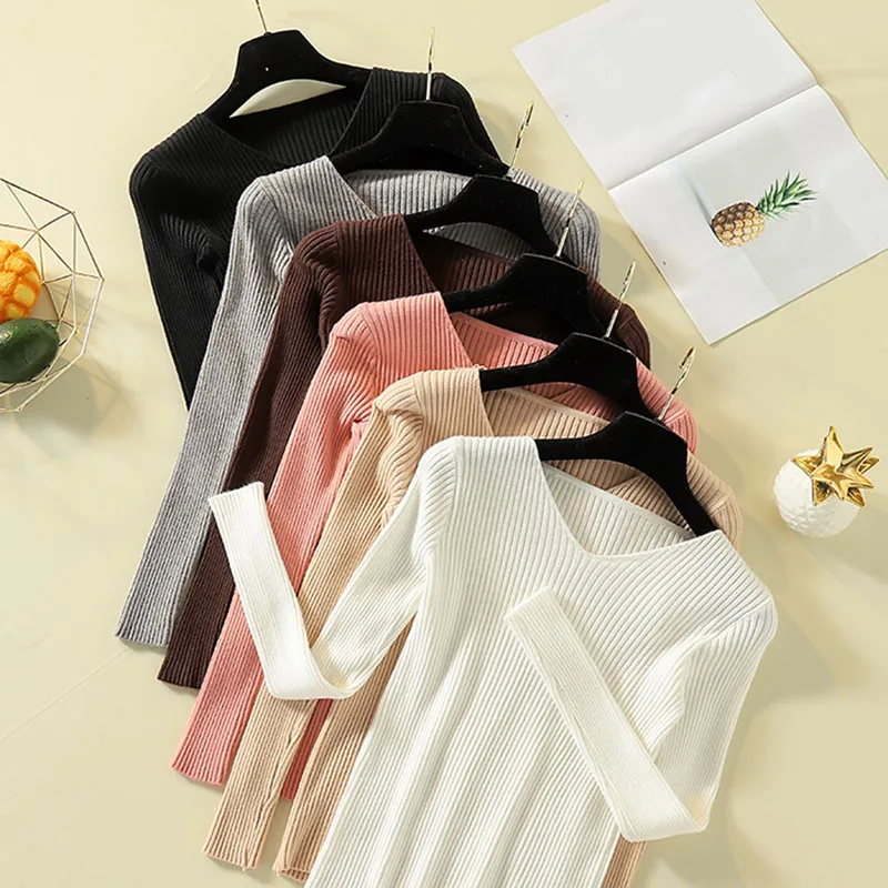 Winter Knitted Women Sweaters And Solid V-Neck Sweet Pullovers Sueter Mujer Tops Korean Long Sleeve Casual Femme Jumper | Женская одежда