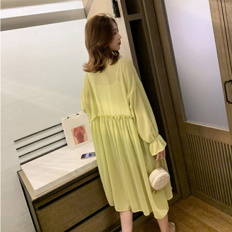

Women Summer Solid Color Fashion O-Neck Blouses Open Front Long Section Thin Chiffon Sun Protection Tops Beach Cardigan