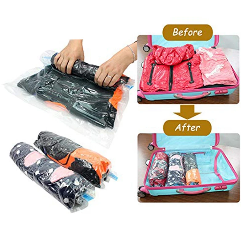 Hot 12 Pcs Hand Roll-Up Vacuum Compressed Bags Transparent Clothing Space Saving Bags Travel Home Sealed Compression Storage