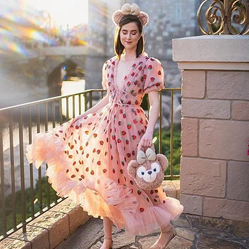 

Gedivoen Summer Sexy Deep V Neck Dress Women Sequined Strawberry Slim Fit Midi Dress Fashion Designer Party Holiday Dresses