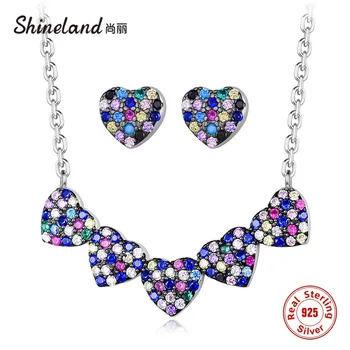 

Shineland Romantic 925 Sterling Silver Multi-Color CZ Heart Earrings Necklaces For Women Lover Wedding Luxury Brand Jewelry Set