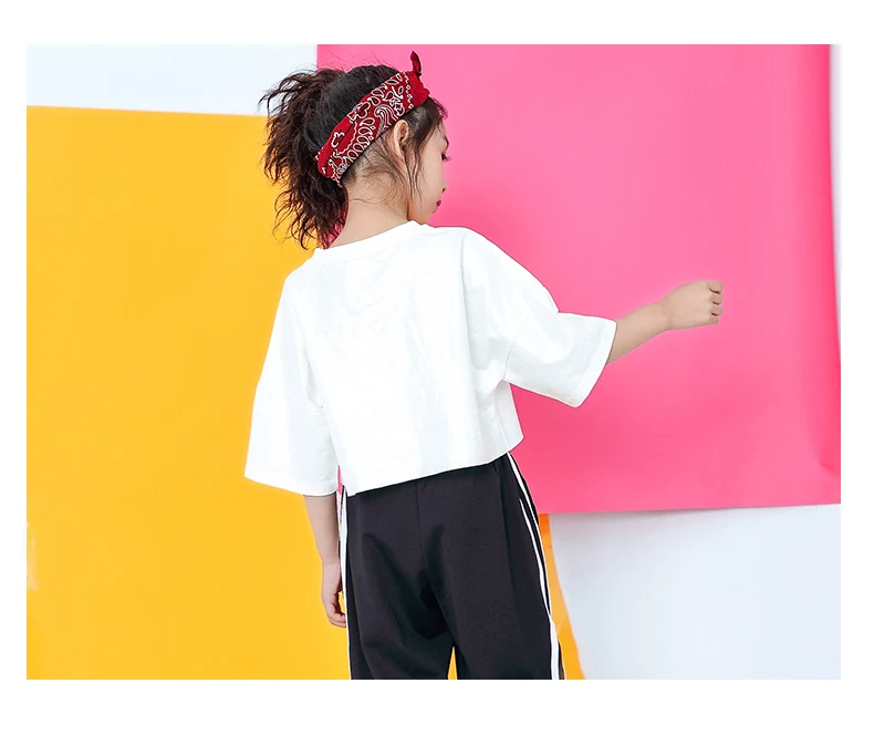 Kids Jazz Dance Costumes Girls Hip Hop Clothing Loose White T Shirt Jogger Black Pants Set Streetwear Stage Perform Clothes (11)