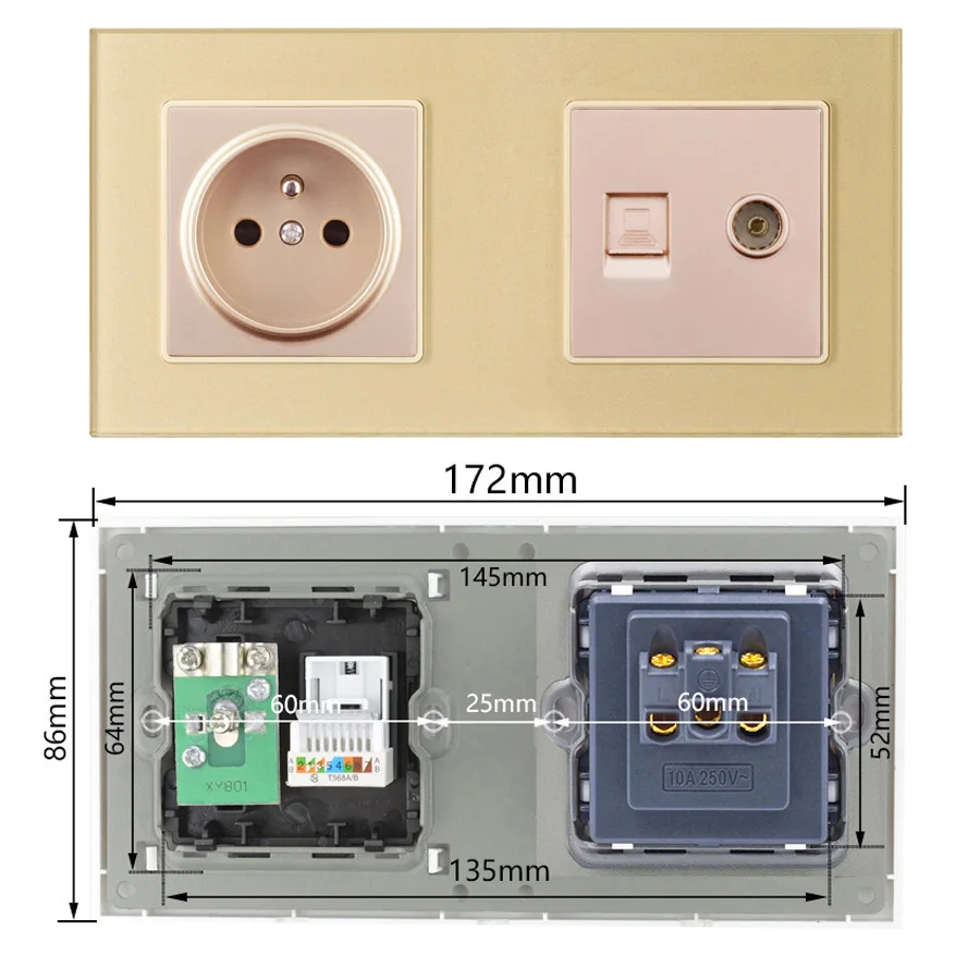 Atlectric FR Стандартный разъем RJ45 компьютерный ТВ телевизионный порт двойная розетка настенная электрическая розетка стеклянная панель розетки