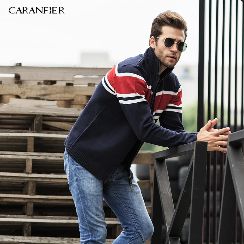 

CARANFIER stripe Winter Sweater Men Cardigan Military Cashmere Sweater Stand Collar Zipper Sueter Hombre Cardigan Masculino 3XL