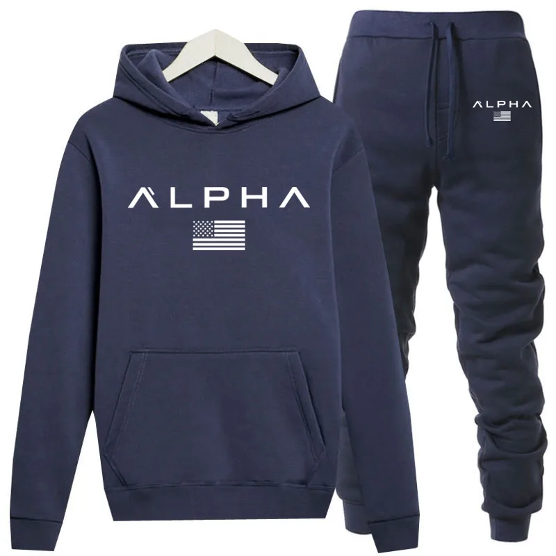 Комплект из двух предметов, модные толстовки ALPHA, мужская спортивная/полевая толстовка, осенняя мужская брендовая одежда толстовки+ штаны, комплекты для мужчин - Цвет: Navy-w