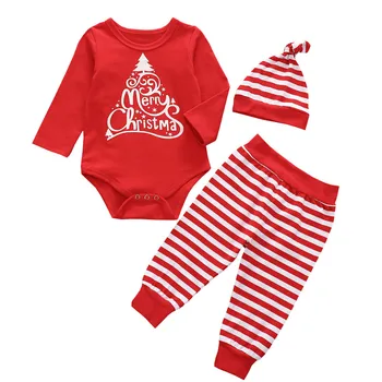 

0-24M Newborn Grils Christmas 3 Pcs Outfits Letter Pattern Romper Top + Long Pant + Beanie Cap Santa Claus Infant Girls Xmas Set