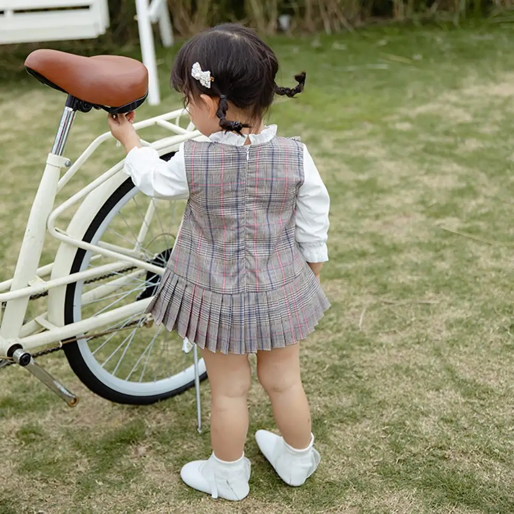 Dress1-7T для маленьких девочек Милая одежда для маленьких девочек милое платье принцессы в клетку с фальшивым принтом, длинный рукав до основания