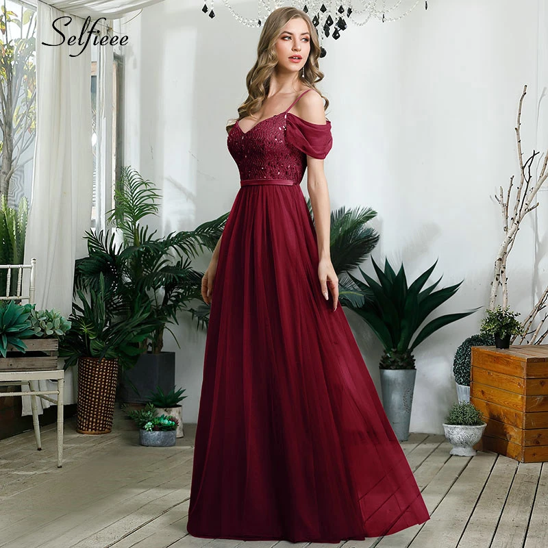 Elegant Laides Party Dress A-Line V-Neck Spaghetti Straps Sequined Short Sleeve Maxi Women Dress Sparkle Formal Gown Robe Femme