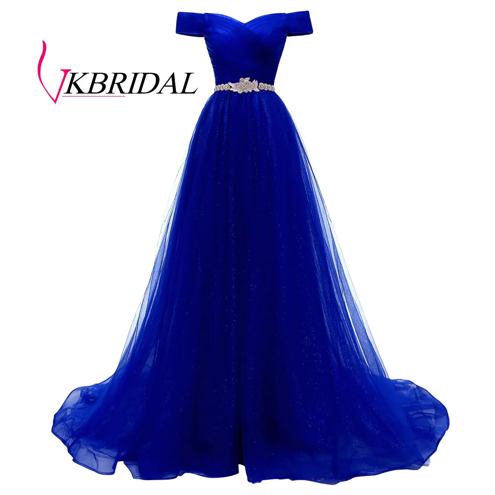 royal blue VKBRIDAL, Красное длинное вечернее платье с открытыми плечами и поясом, расшитое бисером, винтажные платья для выпускного вечера, vestido de festa, недорогое вечернее платье со шнуровкой на спине - Цвет: royal blue
