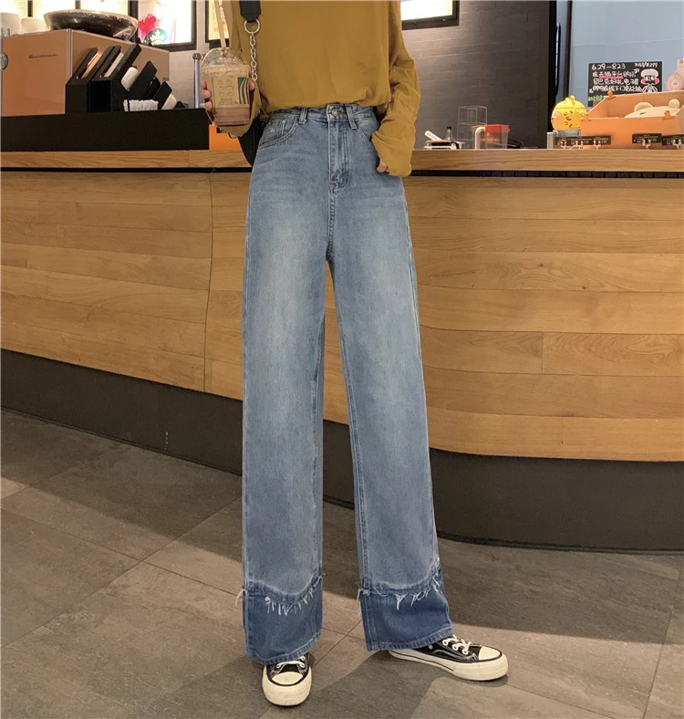 

New Korean Style Retro High Waist Loose Wide-Leg Pants Stitching Straight Fashion Cotton Jeans Women Trend 2020 Women'S Jeans