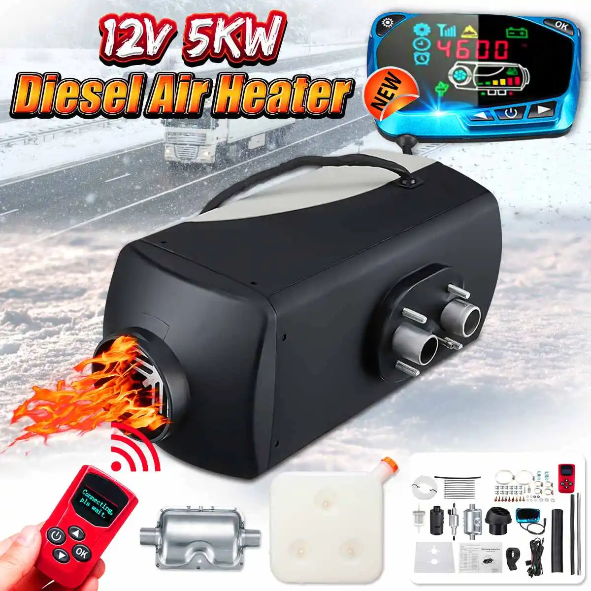 5KW 12V Auxiliary Heater Car Parking Diesel Air Heater Kit With Remote Control Silencer LCD