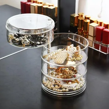 

Transparent Jewelry Storage Box Makeup Organizer 360-degree Rotating Four-layer Jewelry Display Stand Earring Ring Plastic Box