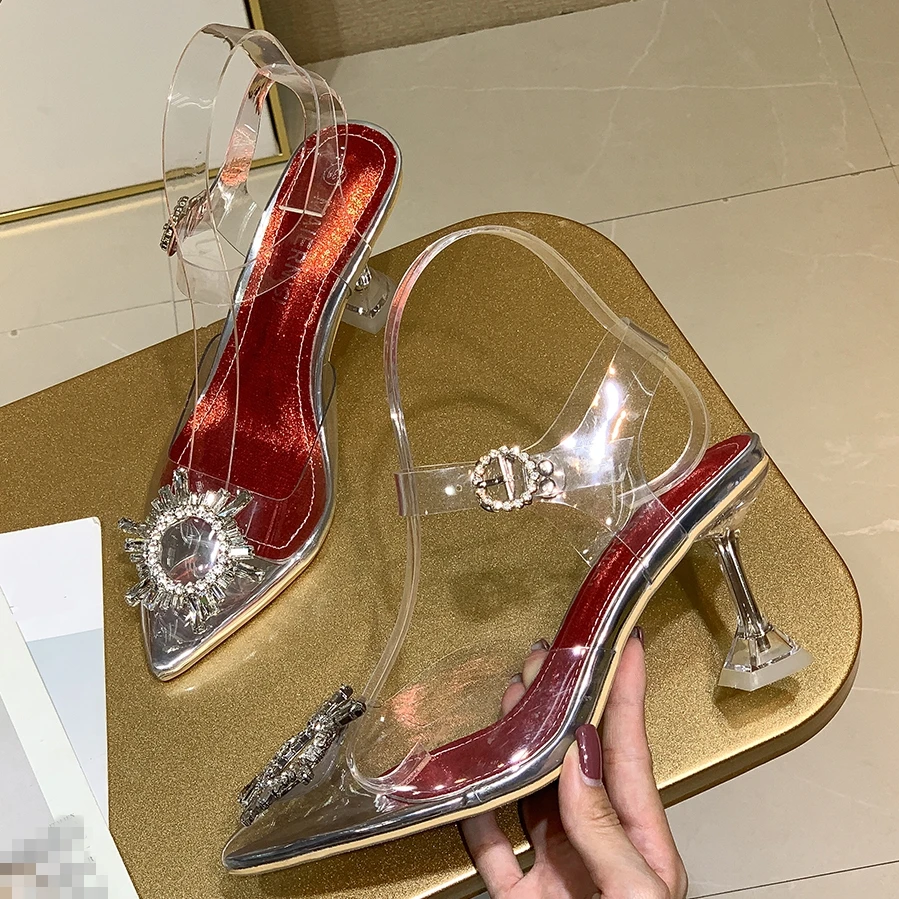 2021 Новый Серебряный в сочетании с прозрачным ПВХ-материалом Туфли на высоком