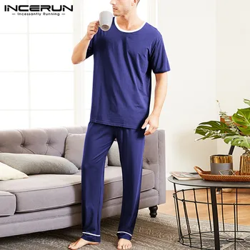 

Men Pajamas Sets Solid Color Homewear 2020 Soft Short Sleeve O Neck Comfortable Tops Nightwear Long Pants Sleepwear Sets INCERUN