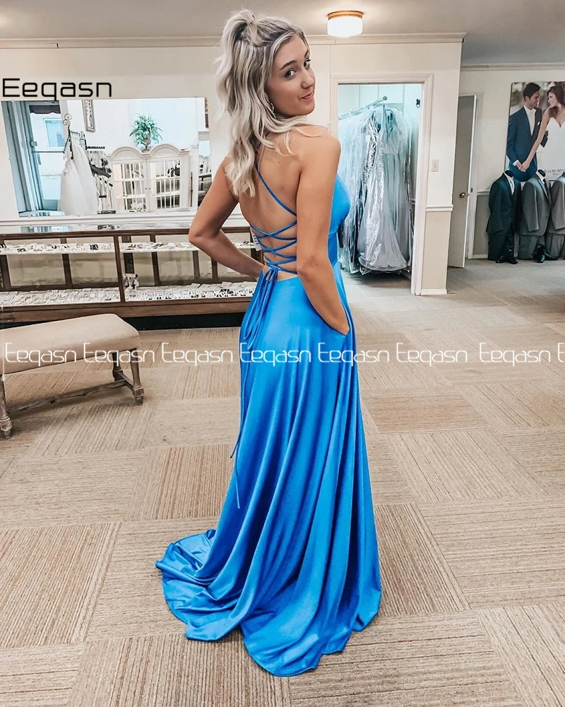 Eeqasn 2020 Blue V Neck Long Prom Dresses with Pockets Back Open Satin Graduation Gala Party Dress for Wedding Cheap