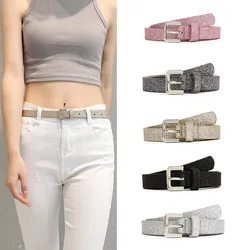 Luxury Designer Fashion Shiny Sequins Women Belt PU Fluorescence Alloy Button Thin Belts Jeans Dress Trouser Casual Waistband