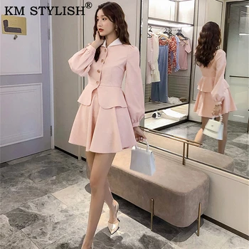 

KM STYLISH 2 Pieces Set Autumn Fashion Women Pink Outfits Elegant England Puff Long Sleeve Jacket + Mini Skirt OL Two Piece Set