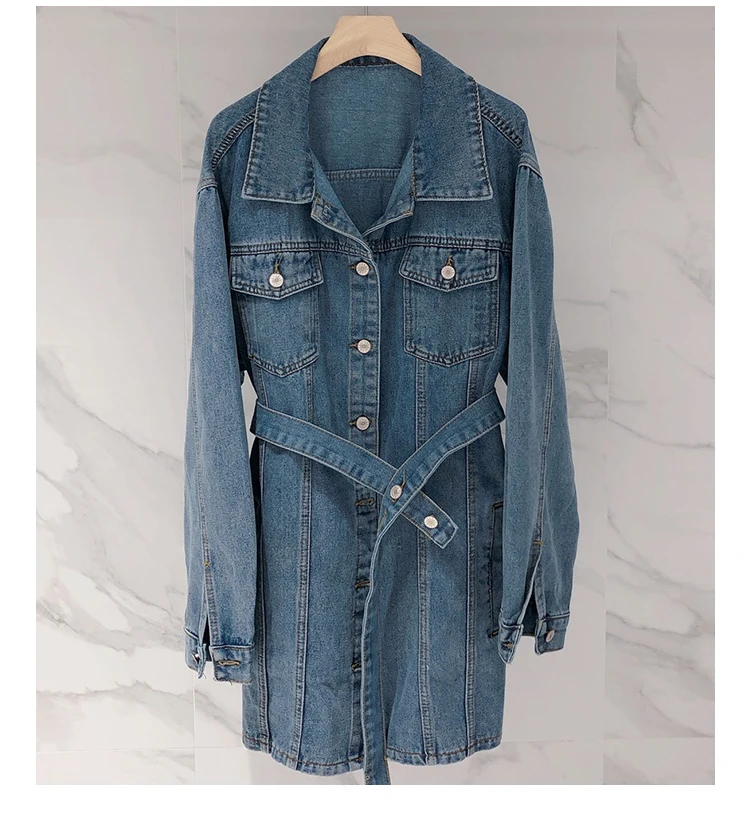 Denim Blue Осенне-зимние женские джинсовые куртки с поясом, верхняя одежда на шнуровке, модный синий длинный джинсовый пиджак femme - Цвет: Denim Blue