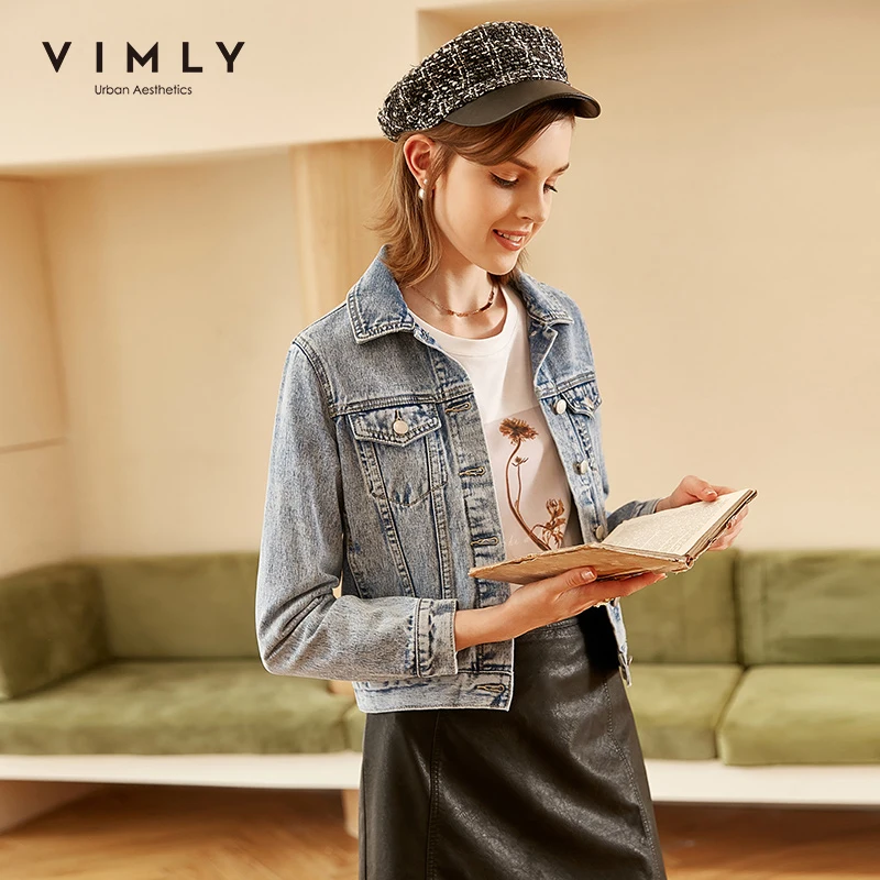 Женская джинсовая куртка Vimly модная однобортная короткая с отложным воротником