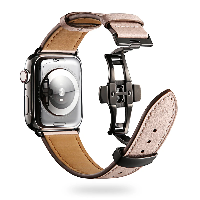 Ремешок из коровьей кожи для Apple Watch 44 мм iwatch series 5 4 3 2 1 Роскошная стальная пряжка 42 мм петля 38 мм Замена браслета 40 мм - Цвет ремешка: Pink Black