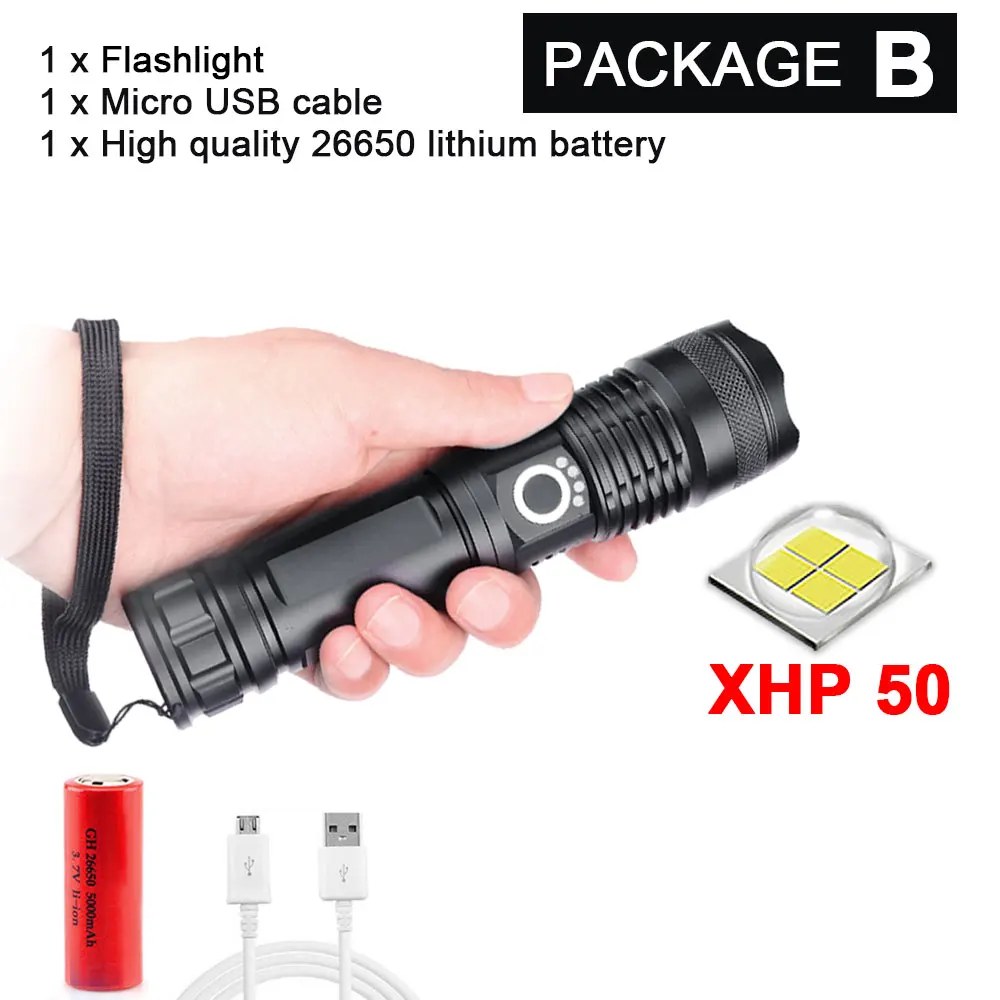 XHP50.2 светодиодный фонарик самый мощный светодиодный фонарь охотничий рыболовный фонарь tactica 18650/26650 водонепроницаемый перезаряжаемый USB фонарь - Испускаемый цвет: Package B