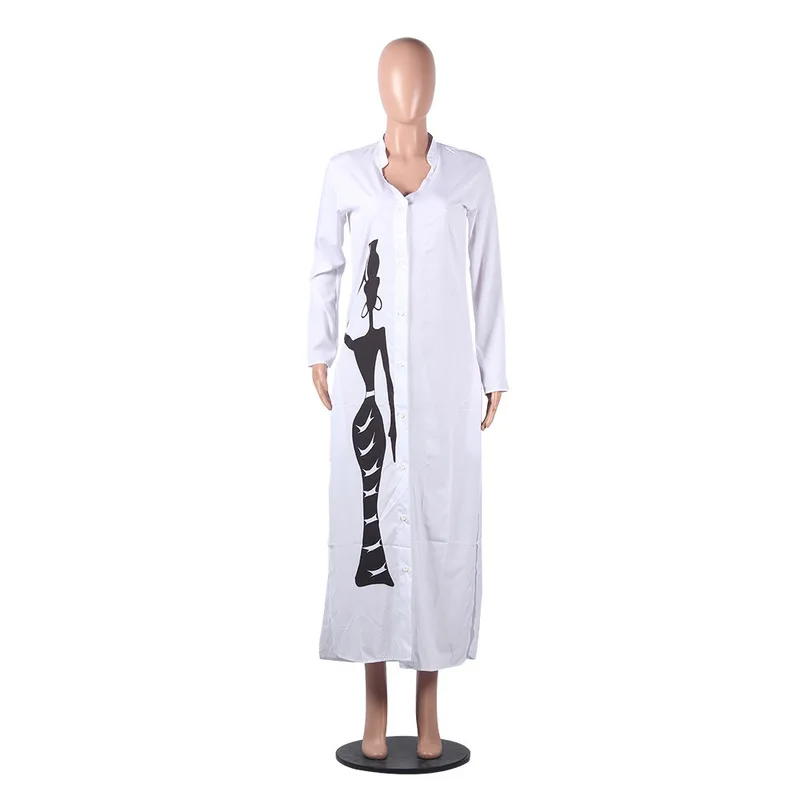 Сексуальное длинное платье-рубашка с принтом для женщин, v-образный вырез, отложной воротник, пуговицы, макси платье, плюс размер, длинный рукав, белое платье
