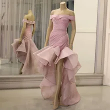 Розовое платье для выпускного вечера с низкой юбкой-русалочкой es, новое платье для выпускного вечера с открытыми плечами, плиссированные оборки, органза, вечерние платья