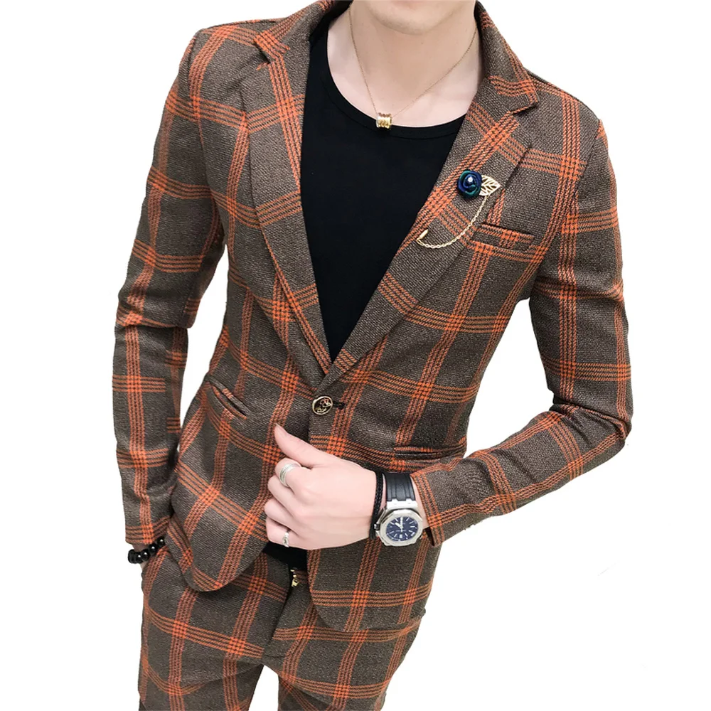 Ceny Męskie garnitury Blazers formalne kratę w stylu Vintage garnitury ze spodniami 2 sztuka zestaw brytyjski mężczyzna smokingi Slim Fit biznes na co dzień ślubu pan młody