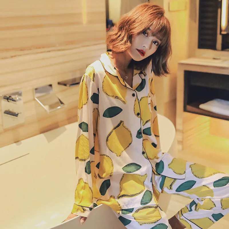 Весенне-осенний женский пижамный комплект с рисунком лимона, Комфортный хлопковый Атласный пижамный комплект, кардиган+ штаны, Женская милая домашняя одежда - Цвет: lemon Printed