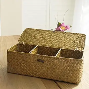 

Seaweed Hand-woven Storage Box Desktop Sundries Storage Basket 3 Grid Clothing Book Jewelry Cosmetic Finishing Basket With Lid