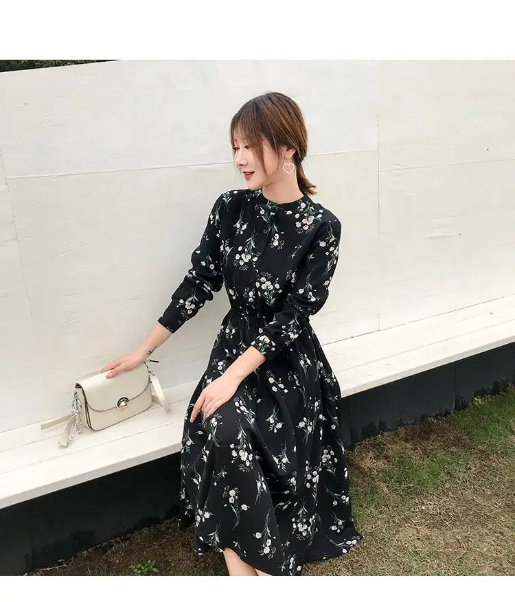 Long Sleeve Dress Women Floral-printed Chiffon Elegant Black Korean Style Leisure Slender Chic Student Streetwear Womens Vestido t shirt dress