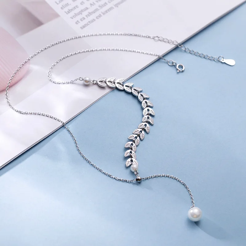 ANENJERY Dainty Adjustable 925 Sterling Silver Long Tassel Wheat Necklace For Women Simulated Pearl choker collares S-N471