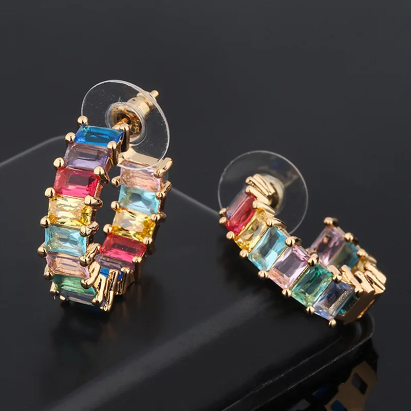 OMYFUN Luxury Hoop Earrings Multi Color Crystal Glass Women Brincos Gold Filled Semijoyas Hot Wedding Bridal Party Jewelry E004