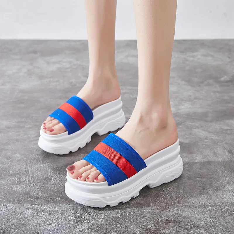

2019 Summer New Style Mixed Colors Fabric High Heel Slippers Women's Platform Thick Bottomed Line-styled Outer Wear Sandals Wome