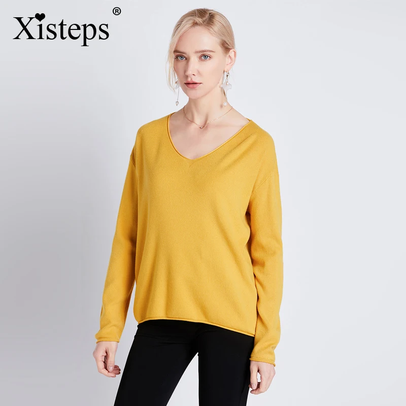 

Xisteps Spring Solid Color Pullover Knitted T Shirt Tops V Neck Long Sleeve Women Female Underwear Office Lady 2020 Stretch