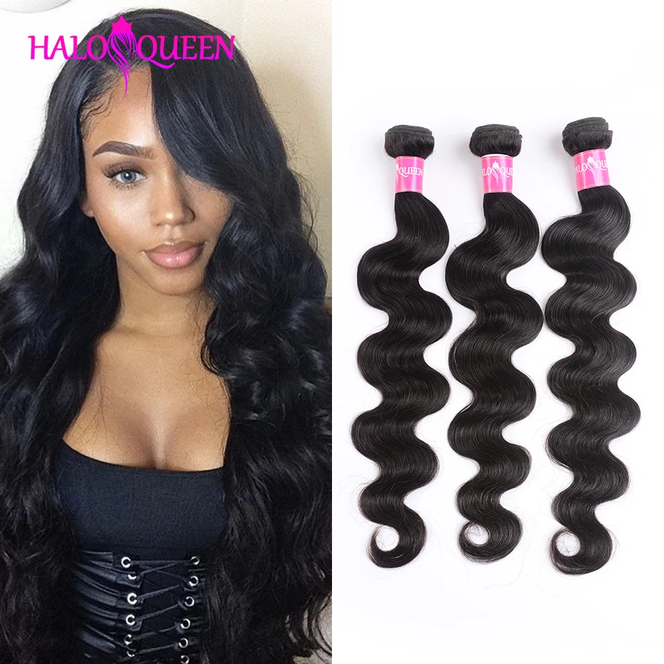 HALOQUEEN 3 pieces Body Wave Bundles Indian Hair Weave Natural Color Non Remy Human Extensions 8-30 inch | Шиньоны и парики