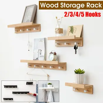 

Wood Wall Hanging Rack Ledge Wall Mounted Storage Shelf with 2/3/4/5 Hooks Picture Shelves Coat Hooks Home Storage Organizer