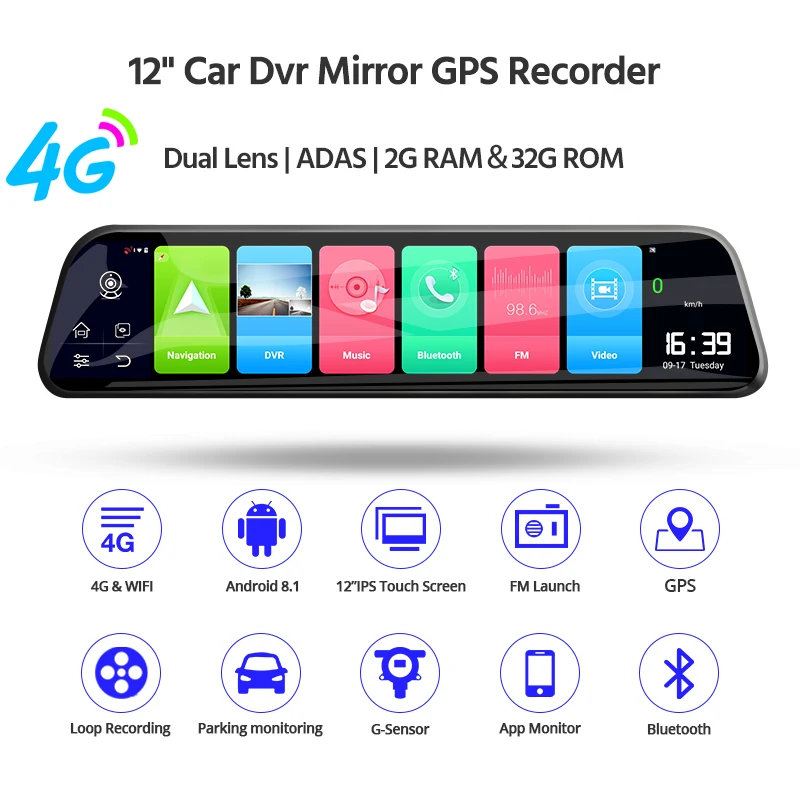 E-ACE D14 Dvr Android 4G поток зеркало заднего вида навигация ADAS Автомобильная камера 12 дюймов Зеркало dvr FHD видео рекордер Авто Регистратор