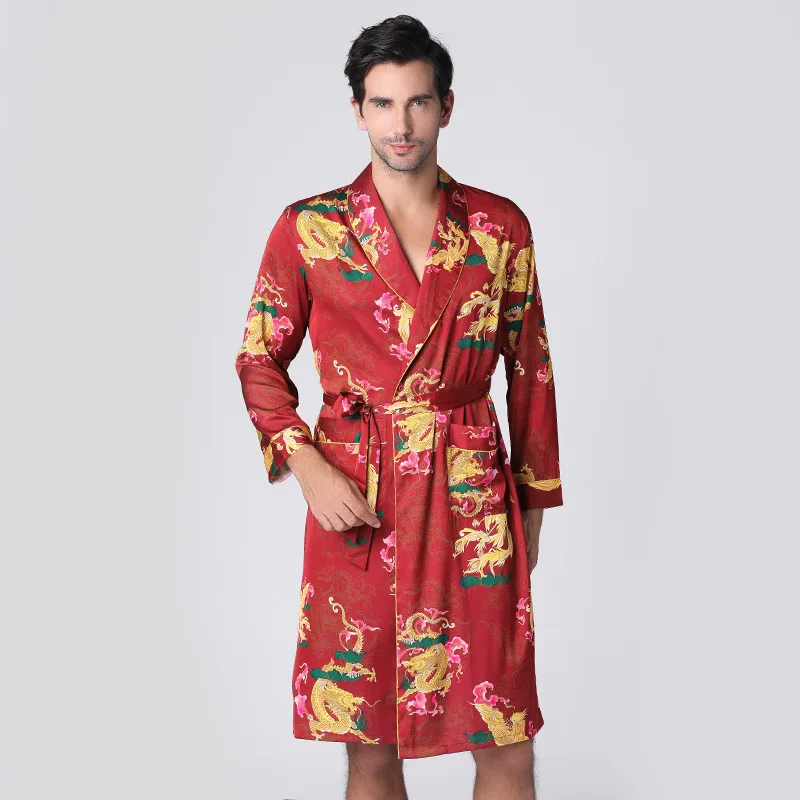 Burgundy Chinese Men Silk Rayon Print Flower Robe Summer Casual Soft Sleepwear V-Neck Kimono Yukata Bath Gown Sexy Homewear Burgundy Chinese Men Silk Rayon Print Flower Robe Summer Casual Soft Sleepwear V-Neck Kimono Yukata Bath Gown Sexy Homewear