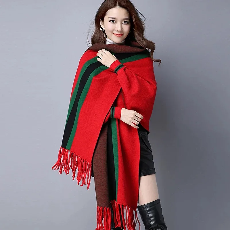 2019 Winter Cashmere Tassel Wraps Classic Striped Knitted Sweater Women Batwing Sleeve Streetwear Cardigans Shawl Cloak Sweaters 2019 Winter Cashmere Tassel Wraps Classic Striped Knitted Sweater Women Batwing Sleeve Streetwear Cardigans Shawl Cloak Sweaters