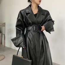 Long oversized leather trench coat for women long sleeve lapel loose fit Fall Stylish black women clothing