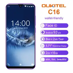 OUKITEL C16 5,71 "Android 9,0 19:9 экран капли воды мобильный телефон MT6580P 2 Гб ram 16 Гб rom смартфон Двойная Задняя камера мобильный телефон