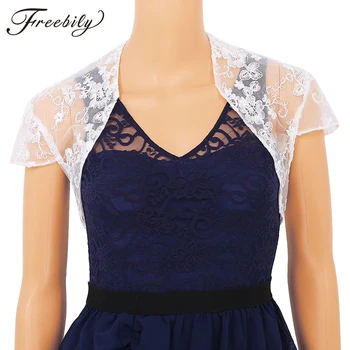 

Women Ladies White Elegant Short Sleeves Open Front Floral Lace Cropped Jacket Shrug Wedding Evening Prom Bolero Shrug