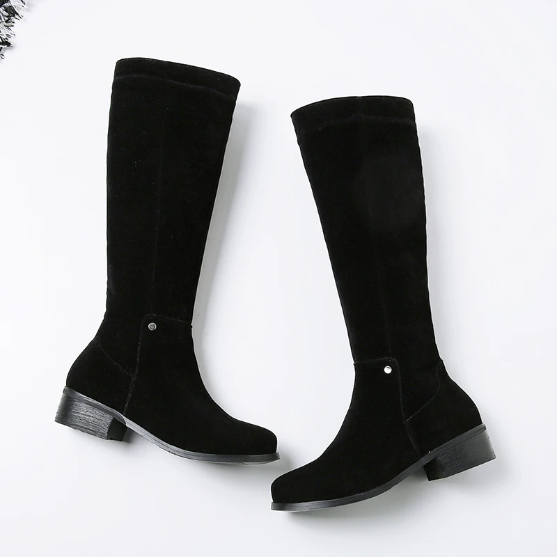 black PQECFS/большие размеры 33-46; высококачественные зимние модные женские сапоги для верховой езды до колена из флока на среднем квадратном каблуке 3 цвета - Цвет: black