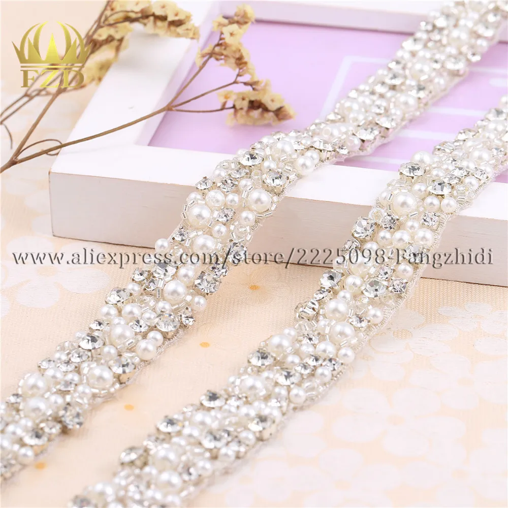 

FZD 1 Yard Handmade Sew On Hot Fix Beaded Crystal Silver Rhinestone Applique for Bridal Dress Belt Headbands Garter Handicraft