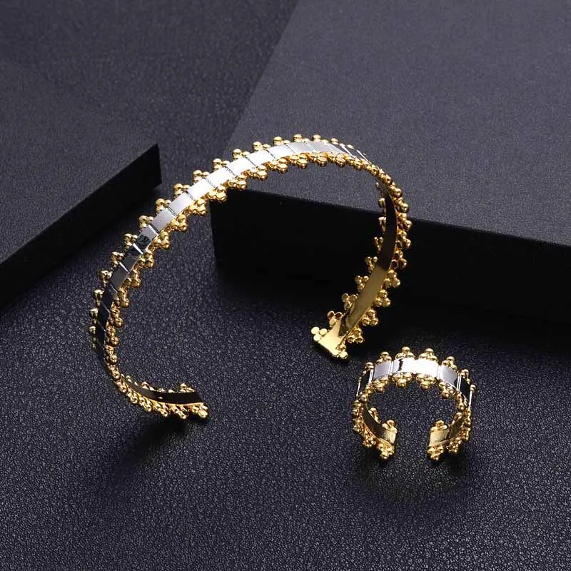 jankelly luxury Unique African Bracelet Bangle Ring Sets For Women Wedding Cubic Zircon Crystal CZ Dubai Bridal Jewelry Sets - Окраска металла: 2 Tones