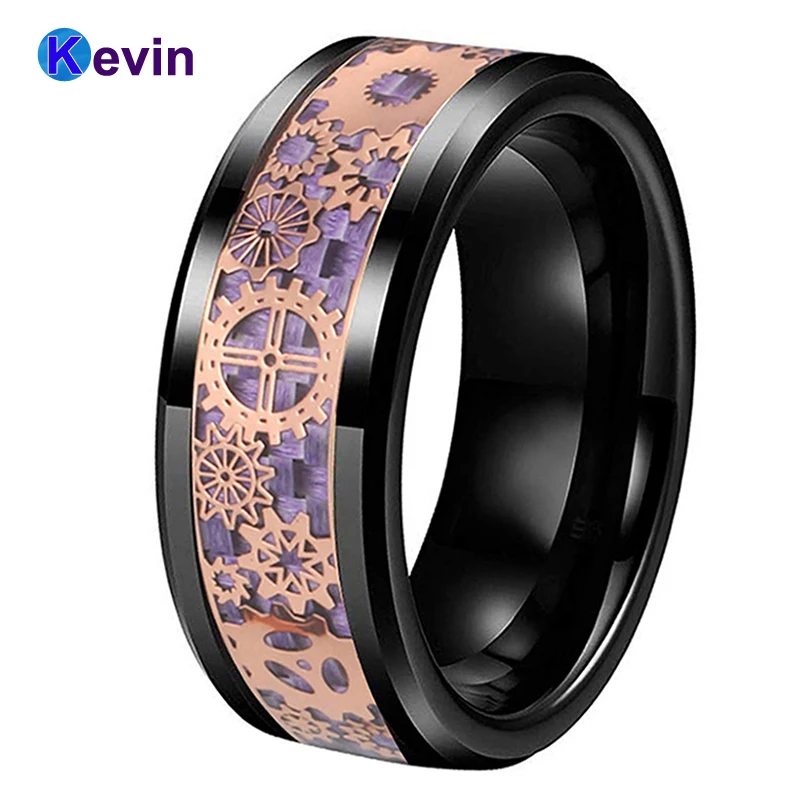Черное обручальное кольцо вольфрамовое кольцо 8 мм с механическим зубчатым колесом из розового золота голубое углеродное волокно инкрустация скошенными краями комфортная посадка - Цвет основного камня: Purple -Rose Gear