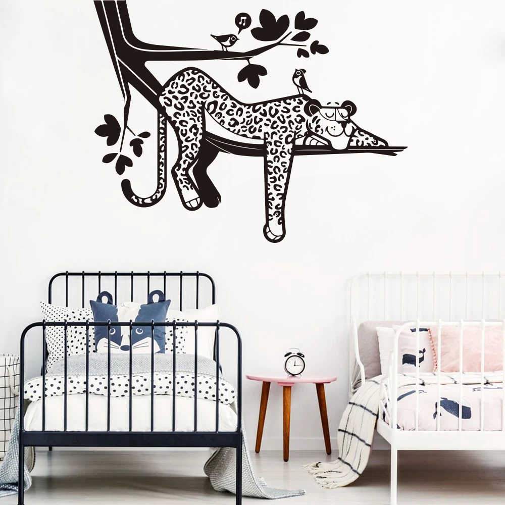 Cartoon Leopard Safari Tree Wall Decal Baby Nursery Forest Jungle Leopard Animal Branch Bird Wall Sticker Bedroom Playroom Vinyl (2)