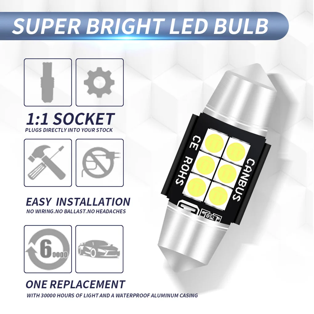 Комплект из 2 предметов, Белый Автомобильный светодиодный 42mm-6smd-3030 12V укрыты внутренной сводной автомобильный светильник Алюминий Корпус Чтение номерного знака Лампы